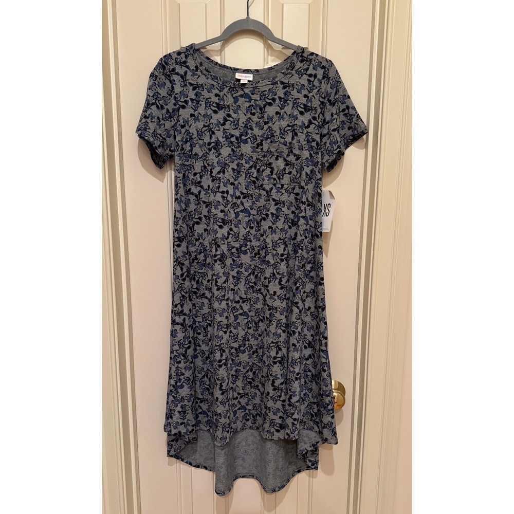 LuLaRoe Disney Carly Dress Womens XS Grey Minnie Mouse High Low Short Sleeve